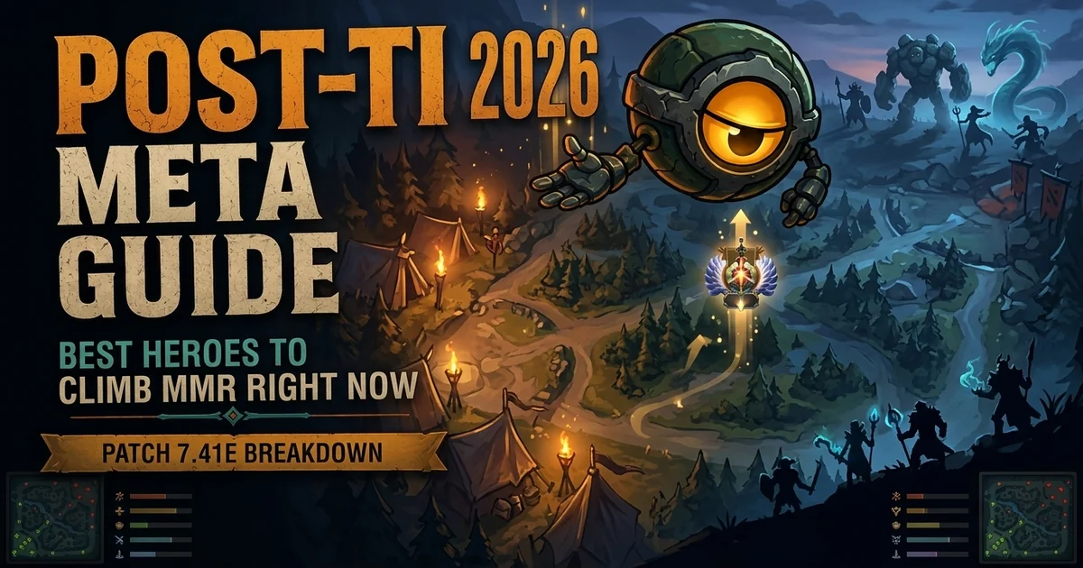 Post-TI 2026 Dota 2 meta guide cover art: the DotaMirror ward mascot over a night-time Dota map with a patch 7.41e breakdown banner